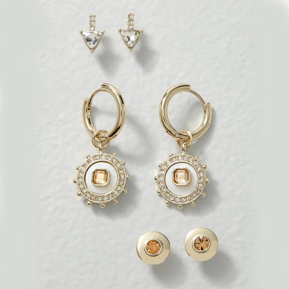 WHBM Three-Piece Stud Earrings Set Gold Crystal